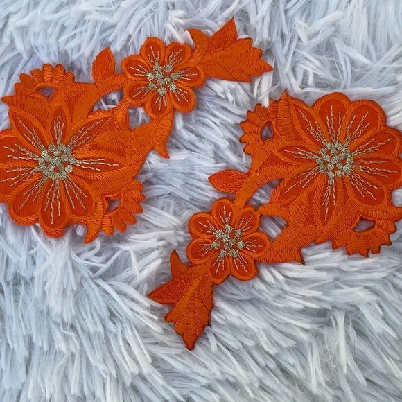 Orange Iron On Patches Orange Flower Embroidery Craft Clothes Accessory set of 2 - Picture 2 of 7